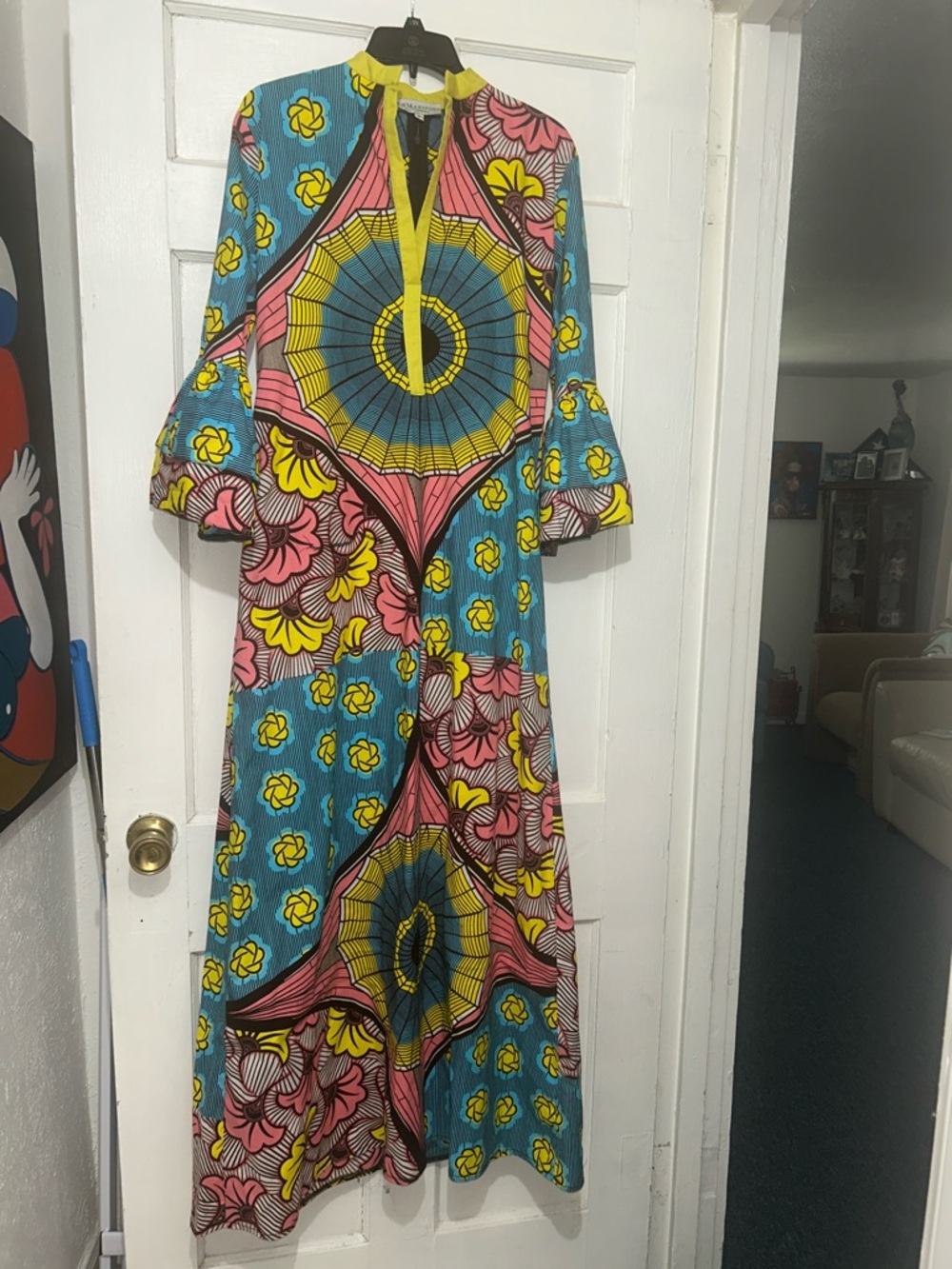 “Reasonable OFFERS””LA MARIPOSA”Colorful GeometricMaxiDressinTeal, Yellow & Pink